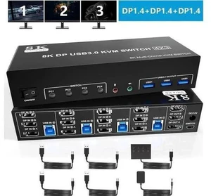 4-Port DP1.4 Triple Monitor USB3.0 KVM Switch, 8K@60Hz, Audio & Mic + 3 USB3.0 Ports for 4 PCs 4-Port DP1.4 Triple Monitor USB3.0 KVM Switch, 8K@60Hz, Audio & Mic + 3 USB3.0 Ports for 4 PCs