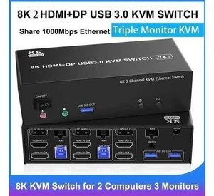 2 Port Triple Monitor 2HDMI+DP KVM Switch USB3.0, With 1000Mbps RJ45 Ethernet, 3 USB3.0 Ports, 3.5mm Audio Mic & Wired Remote for 2 PCs Share 3 Displays 2 Port Triple Monitor 2HDMI+DP KVM Switch USB3.0, With 1000Mbps RJ45 Ethernet, 3 USB3.0 Ports, 3.5mm Audio Mic & Wired Remote for 2 PCs Share 3 Displays