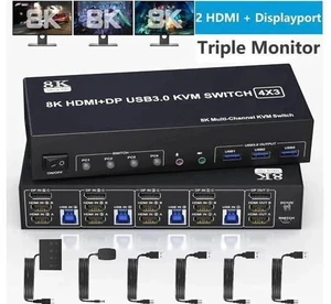 4-Port Triple Monitor KVM Switch (2HDMI+1DP), 8K@60Hz & 4K@144Hz, Audio + 3 USB3.0 Ports for 4 PCs 4-Port Triple Monitor KVM Switch (2HDMI+1DP), 8K@60Hz & 4K@144Hz, Audio + 3 USB3.0 Ports for 4 PCs