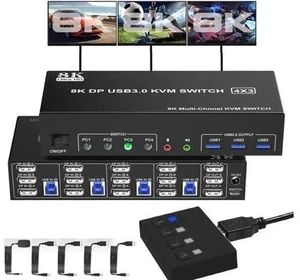 4-Port DP1.4 Triple Monitor USB3.0 KVM Switch, 8K, Audio & Mic + 3 USB3.0 Ports for 4 PCs 3 Screens 4-Port DP1.4 Triple Monitor USB3.0 KVM Switch, 8K, Audio & Mic + 3 USB3.0 Ports for 4 PCs 3 Screens