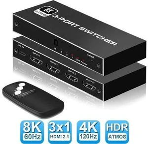 3 in 1 Out 8K HDMI 2.1 Switch with IR Remote, 48Gbps High Speed HDMI Switcher Selector Supports 8K@60Hz, 4K@120Hz, 2K@144Hz, HDR, CEC, Dolby Vision, HDCP 2.3 for PS5, Xbox Series X/S, PC, UHD TV, Moni 3 in 1 Out 8K HDMI 2.1 Switch with IR Remote, 48Gbps High Speed HDMI Switcher Selector Supports 8K@60Hz, 4K@120Hz, 2K@144Hz, HDR, CEC, Dolby Vision, HDCP 2.3 for PS5, Xbox Series X/S, PC, UHD TV, Moni