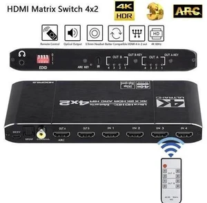 4X2 HDMI 2.0 Matrix Switch 4K@60Hz HDR HDCP2.2 with EDID & Audio Extractor, SPDIF Coax + 3.5mm Stereo ARC HIFI Video Splitter 4X2 HDMI 2.0 Matrix Switch 4K@60Hz HDR HDCP2.2 with EDID & Audio Extractor, SPDIF Coax + 3.5mm Stereo ARC HIFI Video Splitter