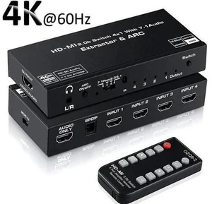 4 Port HDMI 2.0b Switch 4K@60Hz Audio Extractor, 4 in 1 Out HDMI Splitter with Optical SPDIF & 3.5mm AUX Out, Remote Control, ARC, HDR, Dolby Vision, HDCP 2.2, 18Gbps Bandwidth 4 Port HDMI 2.0b Switch 4K@60Hz Audio Extractor, 4 in 1 Out HDMI Splitter with Optical SPDIF & 3.5mm AUX Out, Remote Control, ARC, HDR, Dolby Vision, HDCP 2.2, 18Gbps Bandwidth