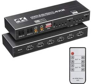 4X2 HDMI 2.0 Matrix Switch with IR Remote, Model OZJ1-1, 4 In 2 Out 4K@60Hz Matrix Switcher with Audio Extractor, Dual SPDIF + Dual 3.5mm L/R Audio, Support EDID, HDCP2.2, HDR10 for 4K TV, Monitor, Ga 4X2 HDMI 2.0 Matrix Switch with IR Remote, Model OZJ1-1, 4 In 2 Out 4K@60Hz Matrix Switcher with Audio Extractor, Dual SPDIF + Dual 3.5mm L/R Audio, Support EDID, HDCP2.2, HDR10 for 4K TV, Monitor, Ga