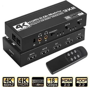 3x2 HDMI Matrix Switch 4K@60Hz HDR10, HDMI 2.0 Video Switcher with Dual SPDIF & Dual 3.5mm L/R Audio Extractor, HDCP 2.2 EDID IR Remote Control Model OZJ5 3x2 HDMI Matrix Switch 4K@60Hz HDR10, HDMI 2.0 Video Switcher with Dual SPDIF & Dual 3.5mm L/R Audio Extractor, HDCP 2.2 EDID IR Remote Control Model OZJ5