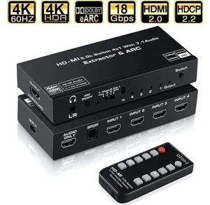 4 in 1 Out HDMI 2.0 Switch with Audio Extractor & ARC, 4K@60Hz HDMI Switcher Support Toslink SPDIF + 3.5mm AUX Output, HDCP2.2 Auto Switch IR Remote for 4K TV Home Theater 4 in 1 Out HDMI 2.0 Switch with Audio Extractor & ARC, 4K@60Hz HDMI Switcher Support Toslink SPDIF + 3.5mm AUX Output, HDCP2.2 Auto Switch IR Remote for 4K TV Home Theater