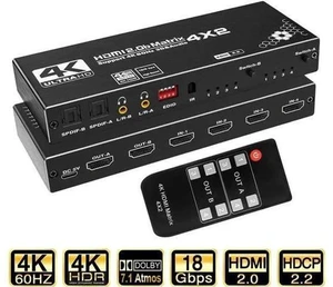4x2 HDMI Matrix Switch 4 in 2 Out Model OZJ1 with IR Remote, Supports 4K, 1080P, 3D, RGB 8:8:8, Dolby Atmos, Dual SPDIF & Dual 3.5mm L/R Audio Outputs, Customizable EDID Management 4x2 HDMI Matrix Switch 4 in 2 Out Model OZJ1 with IR Remote, Supports 4K, 1080P, 3D, RGB 8:8:8, Dolby Atmos, Dual SPDIF & Dual 3.5mm L/R Audio Outputs, Customizable EDID Management