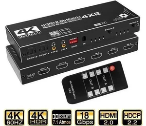 4x2 HDMI Matrix Switch 4 in 2 Out with IR Remote Model OZJ1, Supports 4K, 1080P, 3D, RGB 8:8:8, Dolby Atmos, Dual SPDIF & Dual 3.5mm L/R Audio Outputs, Built-in EDID Management 4x2 HDMI Matrix Switch 4 in 2 Out with IR Remote Model OZJ1, Supports 4K, 1080P, 3D, RGB 8:8:8, Dolby Atmos, Dual SPDIF & Dual 3.5mm L/R Audio Outputs, Built-in EDID Management