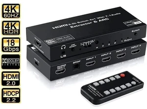 4K@60Hz 4 in 1 Out HDMI Switch Audio Extractor with Optical SPDIF & 3.5mm AUX Output, ARC, HDCP 2.2, HDR10, RGB 8:8:8 7.1CH Dolby Atmos, Adjustable EDID Function 4K@60Hz 4 in 1 Out HDMI Switch Audio Extractor with Optical SPDIF & 3.5mm AUX Output, ARC, HDCP 2.2, HDR10, RGB 8:8:8 7.1CH Dolby Atmos, Adjustable EDID Function