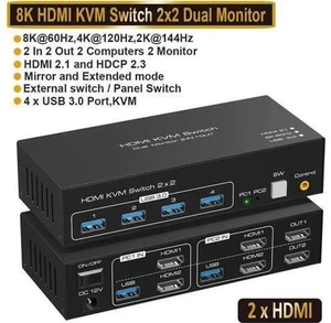2 In 2 Out Dual Monitor HDMI KVM Switch, 8K@60Hz 4K@120Hz USB 3.0 KVM Switcher with 4 USB Ports for 2 PCs, Compatible with Windows MacOS Linux Unix 2 In 2 Out Dual Monitor HDMI KVM Switch, 8K@60Hz 4K@120Hz USB 3.0 KVM Switcher with 4 USB Ports for 2 PCs, Compatible with Windows MacOS Linux Unix