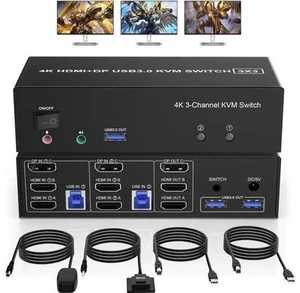 2 Port Triple Monitor KVM Switch (2HDMI+1DP), 4K@60Hz USB3.0 KVM Switcher with Audio & Mic, 3 USB 3.0 Ports for 2 PCs Share 3 Displays Keyboard Mouse 2 Port Triple Monitor KVM Switch (2HDMI+1DP), 4K@60Hz USB3.0 KVM Switcher with Audio & Mic, 3 USB 3.0 Ports for 2 PCs Share 3 Displays Keyboard Mouse