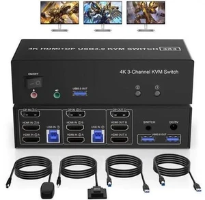 2-Port Triple Monitor KVM Switch 2HDMI+1DP, 4K@60Hz USB3.0 KVM Switcher with Audio & 3 USB 3.0 Ports for 2 PCs 2-Port Triple Monitor KVM Switch 2HDMI+1DP, 4K@60Hz USB3.0 KVM Switcher with Audio & 3 USB 3.0 Ports for 2 PCs