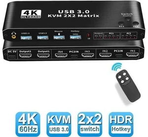 2x2 HDMI Matrix KVM Switch 4K@60Hz RGB 4:4:4, 2 PCs Share 2 Monitors Keyboard Mouse 2 USB3.0 Ports, Audio Port, One-Touch & Hotkey Switch 2x2 HDMI Matrix KVM Switch 4K@60Hz RGB 4:4:4, 2 PCs Share 2 Monitors Keyboard Mouse 2 USB3.0 Ports, Audio Port, One-Touch & Hotkey Switch
