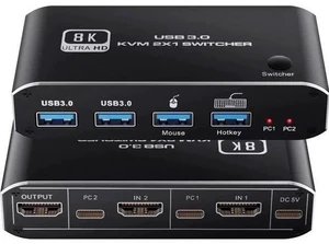 2-Port HDMI 2.1 KVM Switch 2 In 1 Out, Support 8K@60Hz & 4K@120Hz, 4 USB3.0 Ports, Hotkey Switching for 2 PCs Sharing One Monitor, Keyboard & Mouse 2-Port HDMI 2.1 KVM Switch 2 In 1 Out, Support 8K@60Hz & 4K@120Hz, 4 USB3.0 Ports, Hotkey Switching for 2 PCs Sharing One Monitor, Keyboard & Mouse