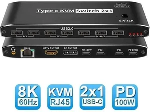 2X1 USB-C KVM Switch Thunderbolt 4, 8K Video Output, 100W PD Charging & RJ45 Ethernet Port, 4K@144Hz for 2 PCs Share 1 Monitor 2X1 USB-C KVM Switch Thunderbolt 4, 8K Video Output, 100W PD Charging & RJ45 Ethernet Port, 4K@144Hz for 2 PCs Share 1 Monitor