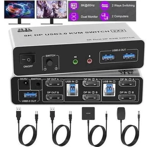 2 Port Dual Monitor DP 1.4 KVM Switch 8K@60Hz, 2 PCs Share 2 DP Screens, 3 USB 3.0 & Audio Mic Port, Support Extended & Duplicate Display 2 Port Dual Monitor DP 1.4 KVM Switch 8K@60Hz, 2 PCs Share 2 DP Screens, 3 USB 3.0 & Audio Mic Port, Support Extended & Duplicate Display