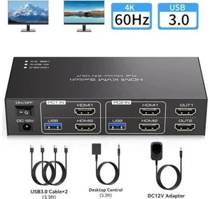 2-Port Dual Monitor HDMI USB 3.0 KVM Switch 4K@60Hz, 2 PCs Share 2 Monitors & 4 USB3.0 Ports 2-Port Dual Monitor HDMI USB 3.0 KVM Switch 4K@60Hz, 2 PCs Share 2 Monitors & 4 USB3.0 Ports