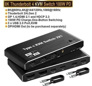 2x1 USB-C KVM Switch 8K@60Hz 4K@120Hz, Type-C to HDMI/DP KVM Switcher with 100W PD, 3 USB Ports for 2 Laptops Share 1 Monitor, 2 USB-C Cables Included 2x1 USB-C KVM Switch 8K@60Hz 4K@120Hz, Type-C to HDMI/DP KVM Switcher with 100W PD, 3 USB Ports for 2 Laptops Share 1 Monitor, 2 USB-C Cables Included