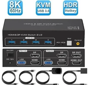 2-Port 8K HDMI+DP Dual Monitor KVM Switch, 8K@60Hz, 4 USB3.0 Hub, Desktop Controller & USB/HDMI Cables Included 2-Port 8K HDMI+DP Dual Monitor KVM Switch, 8K@60Hz, 4 USB3.0 Hub, Desktop Controller & USB/HDMI Cables Included