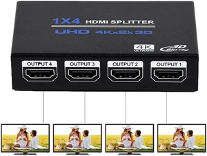 HDMI Splitter 1 in 4 Out V1.4b Powered HDMI Video Splitter with AC Adaptor Duplicate/Mirror Screen Monitor Supports Ultra HD 1080P 2K x4K@30Hz and 3D Resolutions (1 Input to 4 Outputs) HDMI Splitter 1 in 4 Out V1.4b Powered HDMI Video Splitter with AC Adaptor Duplicate/Mirror Screen Monitor Supports Ultra HD 1080P 2K x4K@30Hz and 3D Resolutions (1 Input to 4 Outputs)