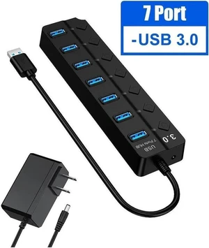 Powered USB Hub 3.0, 7-Port USB Data Hub Splitter with Individual On/Off Switches and 5V DC Power Adapter USB Extension for MacBook, Mac Pro/Mini and More Powered USB Hub 3.0, 7-Port USB Data Hub Splitter with Individual On/Off Switches and 5V DC Power Adapter USB Extension for MacBook, Mac Pro/Mini and More
