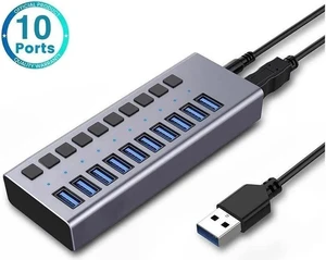 Powered USB Hub, 10-Port USB Splitter Hub (10 Data HUB and Charging Port) with Individual LED On/Off Switches, USB Hub 3.0 Powered with Power Adapter for Mac, PC Powered USB Hub, 10-Port USB Splitter Hub (10 Data HUB and Charging Port) with Individual LED On/Off Switches, USB Hub 3.0 Powered with Power Adapter for Mac, PC
