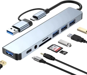 USB C & USB Hub, 8 in 1 USB Adapter,USB C Splitter with 4*USB-A Ports, TF/SD Card Reader, USB-C,3.5mm Aux Ports Adapter for Laptop and PC Computer USB C & USB Hub, 8 in 1 USB Adapter,USB C Splitter with 4*USB-A Ports, TF/SD Card Reader, USB-C,3.5mm Aux Ports Adapter for Laptop and PC Computer