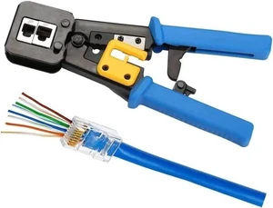 RJ45 Crimp Tool Pass Through Cat5 Cat5e Cat6 Crimping Tool for RJ45/RJ12 Regular and End-Pass-Through Connectors with 50PCS CAT5 CAT5e Connectors, 50PCS Covers and Mini Wire Stripper RJ45 Crimp Tool Pass Through Cat5 Cat5e Cat6 Crimping Tool for RJ45/RJ12 Regular and End-Pass-Through Connectors with 50PCS CAT5 CAT5e Connectors, 50PCS Covers and Mini Wire Stripper