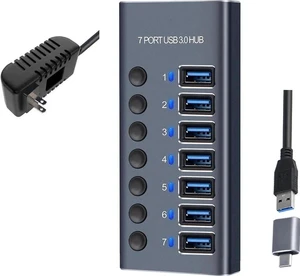 Powered USB Hub 3.0, Aluminum 7 Port USB 3.0 Data Hub Splitter with 12V/3A 36W Power Adapter and Individual On/Off Switches for Mouse, Keyboard, Hard Drive or More USB Devices Powered USB Hub 3.0, Aluminum 7 Port USB 3.0 Data Hub Splitter with 12V/3A 36W Power Adapter and Individual On/Off Switches for Mouse, Keyboard, Hard Drive or More USB Devices