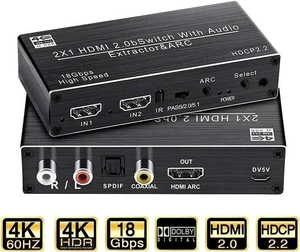 4K@ 60Hz HDMI Audio Extractor 2x1 HDMI to HDMI + Optical Toslink / Coaxial SPDIF+ 3.5mm R/L Audio Splitter, 4K@ 60Hz HDMI 2.0 Optical Audio Splitter, HDCP 2.2 4K HDMI Audio Splitter 4K@ 60Hz HDMI Audio Extractor 2x1 HDMI to HDMI + Optical Toslink / Coaxial SPDIF+ 3.5mm R/L Audio Splitter, 4K@ 60Hz HDMI 2.0 Optical Audio Splitter, HDCP 2.2 4K HDMI Audio Splitter