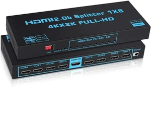 1x8 HDMI Splitter with EDID, 4K@60Hz HDMI2.0b Splitter 1 in 8 Out Audio Video Distributor Box with Power Adapter, Support 3D HDCP2.2, RGB8:8:8, 18.5Gbps for PS5, Fire Stick 1x8 HDMI Splitter with EDID, 4K@60Hz HDMI2.0b Splitter 1 in 8 Out Audio Video Distributor Box with Power Adapter, Support 3D HDCP2.2, RGB8:8:8, 18.5Gbps for PS5, Fire Stick