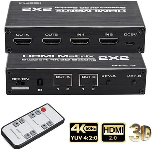 2x2 HDMI Matrix Switch 4K - 4K 60Hz 18Gbps, 4K,3D, 1080p,HDCP1.4, HDR,YUV 4:2:0 Control via Remote, 2 in 2 Out Video Matrix Switch (OZJ3) 2x2 HDMI Matrix Switch 4K - 4K 60Hz 18Gbps, 4K,3D, 1080p,HDCP1.4, HDR,YUV 4:2:0 Control via Remote, 2 in 2 Out Video Matrix Switch (OZJ3)
