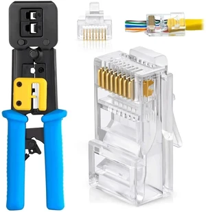 Bundle 2 Items: RJ45 Crimp Tool + 100 Pack of Cat5e Pass Through Connectors. Bundle 2 Items: RJ45 Crimp Tool + 100 Pack of Cat5e Pass Through Connectors.