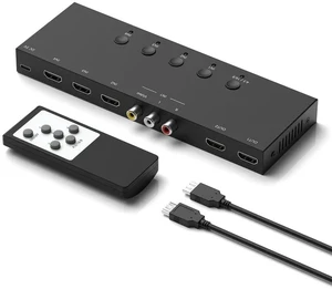 3 HDMI 2.0 + 1 RCA Input to 2 HDMI Output Converter Switch Splitter, Simultaneous Dual Display, Aspect Ratio 4:3/16:9 Adjustable, Compatible with N64, NGC, Wii, Xbox, PS2/3/4/5, Switch, Apple TV, Fire 3 HDMI 2.0 + 1 RCA Input to 2 HDMI Output Converter Switch Splitter, Simultaneous Dual Display, Aspect Ratio 4:3/16:9 Adjustable, Compatible with N64, NGC, Wii, Xbox, PS2/3/4/5, Switch, Apple TV, Fire