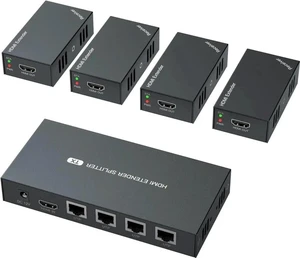 HDMI Extender Splitter 1x4 1080P@60Hz Over Cat 5E/6/7 Ethernet Cable 50m (165ft) Support EDID Copy POC Function (1 in 4 Out) HDMI Extender Splitter 1x4 1080P@60Hz Over Cat 5E/6/7 Ethernet Cable 50m (165ft) Support EDID Copy POC Function (1 in 4 Out)