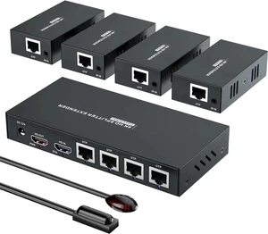 HDMI Extender Splitter 1x4 HD 4K @60Hz Over CAT5/CAT6/CAT7 Ethernet CableUp to 196ft-Loop Out-Equipped with IR POC and EDID HDMI Extender Splitter 1x4 HD 4K @60Hz Over CAT5/CAT6/CAT7 Ethernet CableUp to 196ft-Loop Out-Equipped with IR POC and EDID