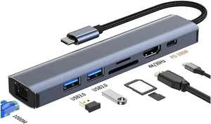 Type C Hub Multiport Adapter 7-in-1 USB Dongle for MacBook Pro Air, Gigabit Ethernet with 4K HDMI, 2*USB3.0, , SD/TF Card Readers, 100W PD, Gigabit Ethernet Compatible for Windows/Mac Type C Hub Multiport Adapter 7-in-1 USB Dongle for MacBook Pro Air, Gigabit Ethernet with 4K HDMI, 2*USB3.0, , SD/TF Card Readers, 100W PD, Gigabit Ethernet Compatible for Windows/Mac