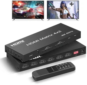 4x2 HDMI Matrix, 4K@60Hz 4 in 2 Out HDMI Switch Splitter with IR Remote, HDMI Matrix Switch + Optical + 3.5mm Audio Output, Support HDMI2.0, HDCP2.2, Auto Downscaler, 3D, Audio Extractor 4x2 HDMI Matrix, 4K@60Hz 4 in 2 Out HDMI Switch Splitter with IR Remote, HDMI Matrix Switch + Optical + 3.5mm Audio Output, Support HDMI2.0, HDCP2.2, Auto Downscaler, 3D, Audio Extractor