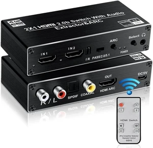 HDMI Switch Audio Extractor, HDMI Switch Splitter 2 Inputs 1 Output with Remote 4K@60hz, 2-Port HDMI2.0b Switcher Box with Optical Toslink SPDIF+Coaxial+Analog RCA Stereo Audio Out HDMI Switch Audio Extractor, HDMI Switch Splitter 2 Inputs 1 Output with Remote 4K@60hz, 2-Port HDMI2.0b Switcher Box with Optical Toslink SPDIF+Coaxial+Analog RCA Stereo Audio Out