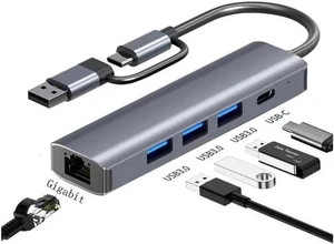 5 in 1 USB Hub Ethernet, Portable Multiport Adapter, 2-in-1 USB-C USB 3.0 to HDMI Dock Compatible for MacBook Pro, USB C, 3 USB3.0, 1Gbps LAN USB Dongle for Type C Devices-Mac/iPad Pro 5 in 1 USB Hub Ethernet, Portable Multiport Adapter, 2-in-1 USB-C USB 3.0 to HDMI Dock Compatible for MacBook Pro, USB C, 3 USB3.0, 1Gbps LAN USB Dongle for Type C Devices-Mac/iPad Pro
