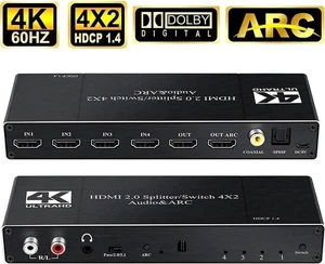 4 in 2 Out HDMI 2.0 Audio Extractor Switch 4K@60Hz, HDMI Matrix Converter with Optical SPDIF, Coaxial & 3.5mm AUX Audio Out, Supports ARC, HDR, HDCP 2.2, YUV4:2:0, EDID Management 4 in 2 Out HDMI 2.0 Audio Extractor Switch 4K@60Hz, HDMI Matrix Converter with Optical SPDIF, Coaxial & 3.5mm AUX Audio Out, Supports ARC, HDR, HDCP 2.2, YUV4:2:0, EDID Management