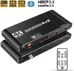 4x2 HDMI 4K Matrix Switch/Splitter 4-Input 2-Output with Remote Control Supports Ultra HD 4K@60Hz 4:4:4 HDR YUV HDMI 2.0 HDCP 2.2 3D, 1080p 18GBPS - ARC/SPDIF Coaxial 3.5mm Stereo Audio 4x2 HDMI 4K Matrix Switch/Splitter 4-Input 2-Output with Remote Control Supports Ultra HD 4K@60Hz 4:4:4 HDR YUV HDMI 2.0 HDCP 2.2 3D, 1080p 18GBPS - ARC/SPDIF Coaxial 3.5mm Stereo Audio