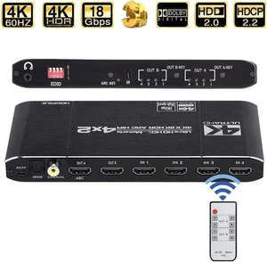 HDMI Matrix Switch 4x2 4K@60Hz 4:4:4 HDR ARC/SPDIF 5.1CH, Coaxial, 3.5mm Stereo Audio, HDCP 2.2 18Gbps, Matrix Splitter 4 in 2 Out with EDID Extractor and Remote Control HDMI Matrix Switch 4x2 4K@60Hz 4:4:4 HDR ARC/SPDIF 5.1CH, Coaxial, 3.5mm Stereo Audio, HDCP 2.2 18Gbps, Matrix Splitter 4 in 2 Out with EDID Extractor and Remote Control