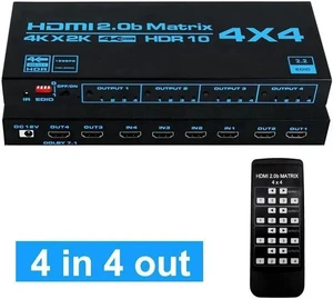 4x4 HDMI Matrix Switch,4 in 4 Out Matrix HDMI Video Switcher Splitter, Support 4K HDR, HDMI 2.0b, HDCP 2.2, 3D,1080P,with IR Remote Control 4x4 HDMI Matrix Switch,4 in 4 Out Matrix HDMI Video Switcher Splitter, Support 4K HDR, HDMI 2.0b, HDCP 2.2, 3D,1080P,with IR Remote Control