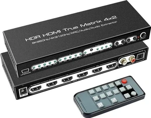 4x2 HDMI 2.1 Matrix Switch 4 in 2 Out 8K@60Hz with IR Remote, 48Gbps 8K HDMI Matrix Splitter, Support 4K@120Hz, HDR10, Dolby Vision, Dolby Atmos, HDCP2.3, ARC, SPDIF 5.1CH Audio Extractor for PS5, Xbo 4x2 HDMI 2.1 Matrix Switch 4 in 2 Out 8K@60Hz with IR Remote, 48Gbps 8K HDMI Matrix Splitter, Support 4K@120Hz, HDR10, Dolby Vision, Dolby Atmos, HDCP2.3, ARC, SPDIF 5.1CH Audio Extractor for PS5, Xbo