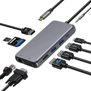 10 in 1 USB C Multiport Hub Adapter, USB C Dongle with 4K HDMI, VGA, Gigabit Ethernet, 100W PD Charging, 3×USB3.0, SD/TF Card Reader, 3.5mm Audio Mic Jack, Compatible with MacBook Pro/Air & All USB-C 10 in 1 USB C Multiport Hub Adapter, USB C Dongle with 4K HDMI, VGA, Gigabit Ethernet, 100W PD Charging, 3×USB3.0, SD/TF Card Reader, 3.5mm Audio Mic Jack, Compatible with MacBook Pro/Air & All USB-C