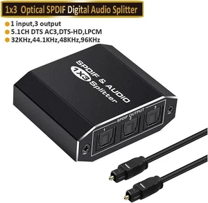 Digital Optical Audio Splitter 1x3 (1 Input 3 Outputs, SPDIF) Toslink Splitter 1 in 3 Out, Support Dolby/DTS/PCM Splitter for PS4 Xbox Blue-Ray DVD HDTV Digital Optical Audio Splitter 1x3 (1 Input 3 Outputs, SPDIF) Toslink Splitter 1 in 3 Out, Support Dolby/DTS/PCM Splitter for PS4 Xbox Blue-Ray DVD HDTV