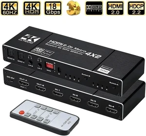 4K@60Hz HDMI Matrix Switch Splitter 4 in 2 Out with Remote, 4x2 HDMI Splitter Switcher 4K with 2xSPDIF & 2x3.5mm Audio, Support 4K,3D, 1080p,HDCP2.2, HDR 10 for PS4,Xbox,Fire Stick,etc 4K@60Hz HDMI Matrix Switch Splitter 4 in 2 Out with Remote, 4x2 HDMI Splitter Switcher 4K with 2xSPDIF & 2x3.5mm Audio, Support 4K,3D, 1080p,HDCP2.2, HDR 10 for PS4,Xbox,Fire Stick,etc