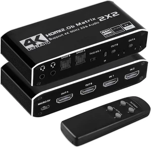2x2 HDMI Matrix, 4K@60Hz 2 in 2 Out HDMI Switch Splitter with IR Remote, HDMI Matrix Switch+2xOptical + 2x3.5mm Audio Output, Support HDMI2.0 HDCP2.2 Auto Downscaler 3D Audio Extractor 2x2 HDMI Matrix, 4K@60Hz 2 in 2 Out HDMI Switch Splitter with IR Remote, HDMI Matrix Switch+2xOptical + 2x3.5mm Audio Output, Support HDMI2.0 HDCP2.2 Auto Downscaler 3D Audio Extractor