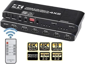 4x2 HDMI Matrix, 4K@60Hz 4 in 2 Out HDMI Switch Splitter with IR Remote, HDMI Matrix Switch + Coaxial + Optical + 3.5mm Audio Output, Support HDMI2.0, HDCP2.2, EDID, 3D, Audio Extractor 4x2 HDMI Matrix, 4K@60Hz 4 in 2 Out HDMI Switch Splitter with IR Remote, HDMI Matrix Switch + Coaxial + Optical + 3.5mm Audio Output, Support HDMI2.0, HDCP2.2, EDID, 3D, Audio Extractor